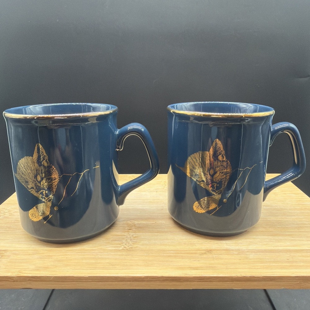 Chessie Railroad Mug Blue W/ Gold Kitten Cat Coffee Train C&O Railway Set Of 2